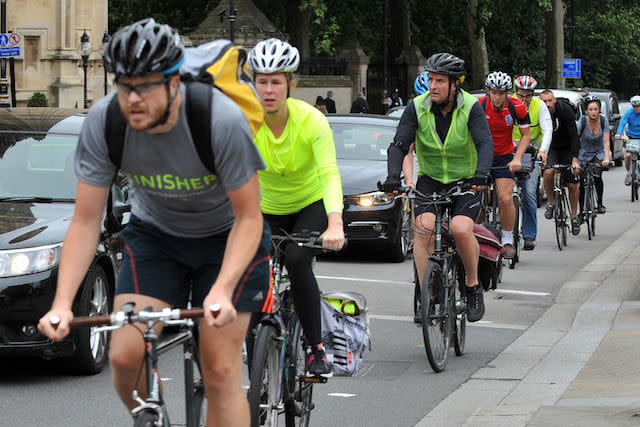 File photo dated 10/07/14 of cyclists in central London. A &pound;7 million fund will be used to make English cities safer for cyclists, the Government has announced.