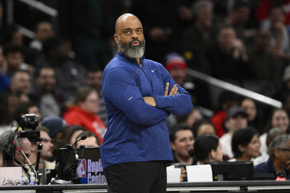 Washington Wizards head coach Wes Unseld Jr. in action during the first half of an NBA basketball game against the Denver Nuggets, Sunday, Jan. 21, 2024, in Washington. (AP Photo/Nick Wass)
