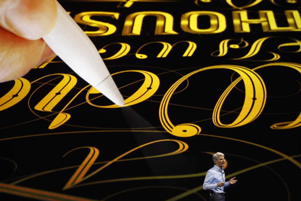 Craig Federighi, Senior Vice President Software Engineering speaks about the Apple Pencil for use with the iPad Pro during Apple's annual world wide developer conference (WWDC) in San Jose, California, U.S. June 5, 2017. REUTERS/Stephen Lam