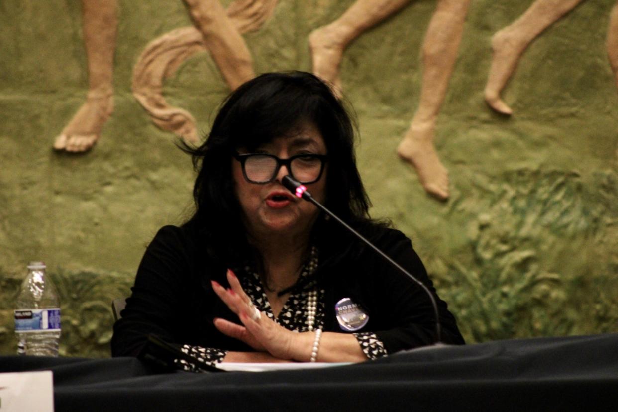 Former state Rep. Norma Chavez speaks during a forum for candidates in the Texas House District 77 race. The event was hosted by the El Paso Chamber and Raise Your Hand Texas, an Austin-based education advocacy group.