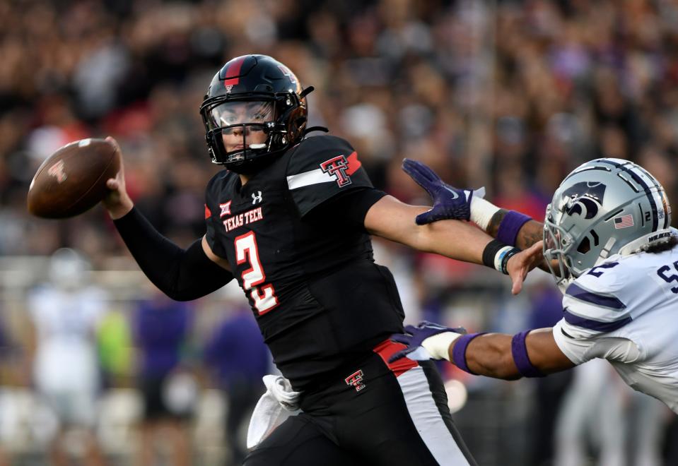 Texas Tech's quarterback Behren Morton (2) throws the ball against Kansas State in a Big 12 conference football game, Saturday, Oct. 14, 2023, at Jones AT&T Stadium.