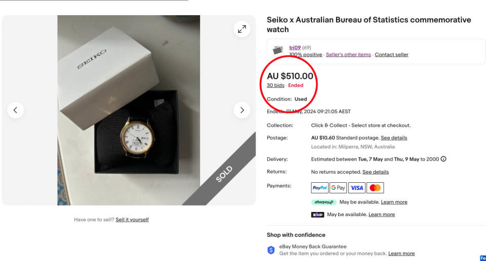 Seiko Australian Bureau of Statistics watch listed on eBay. 