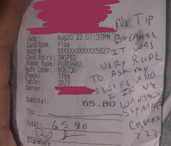 A handwritten note is seen beside a dinner receipt. 