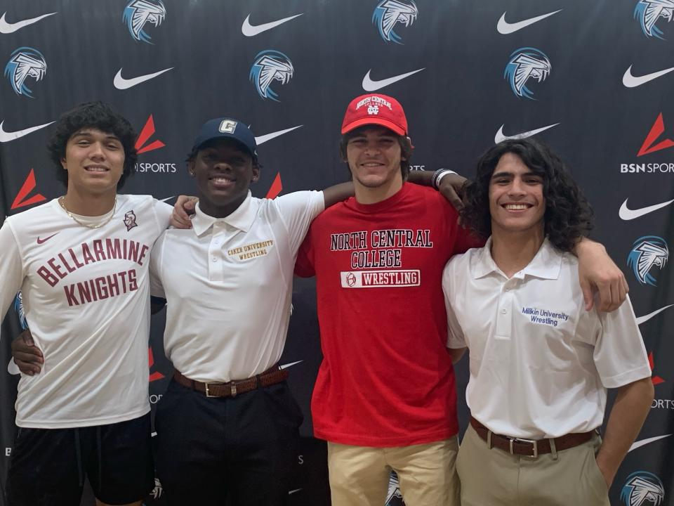 Jensen Beach seniors Jewell Williams (Bellarmine), Malachi Harriel (Coker University), Colten Byrd (North Central College) and Charlie Armstrong (Millikin University) celebrated their signings on Friday, April 14, 2023 at the school's gymnasium.