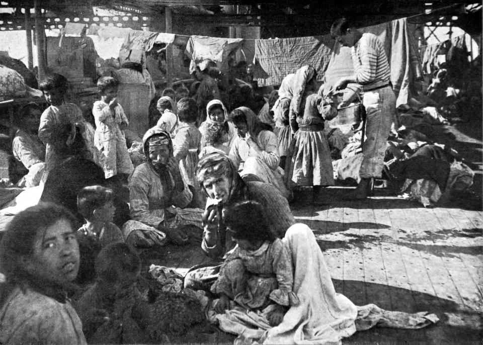 An encampment of Armenian refugees from the Ottoman Empire on the deck of a French cruiser that rescued them in 1915. (Photo: Photo12/UIG/Getty Images)