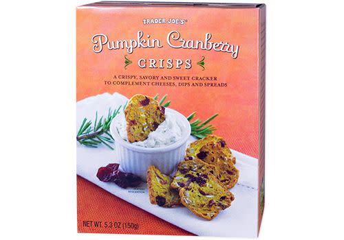 <p>If you're a fan of TJ's Raisin Rosemary Crisps and Fig & Olive Crisps, then you'll love this newest edition to the crisps family. <strong>Made with real pumpkin, these crisps feature tart cranberries and seasonings like thyme, nutmeg and turmeric.</strong></p>