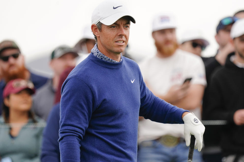 Rory McIlroy prepares to tee off the 10th hole during the third round of the Phoenix Open golf tournament, Saturday, Feb. 11, 2023, in Scottsdale, Ariz. (AP Photo/Darryl Webb)