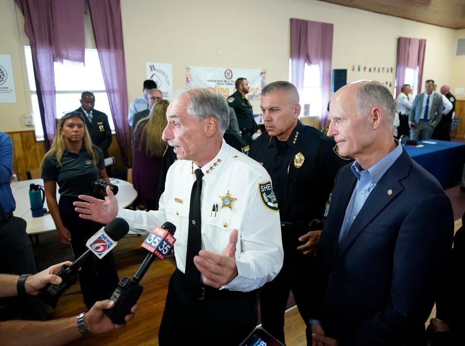 Volusia County Sheriff Mike Chitwood talks to reporters after a roundtable discussion about child safety with Sen. Rick Scott on Wednesday, Aug. 9, 2023.