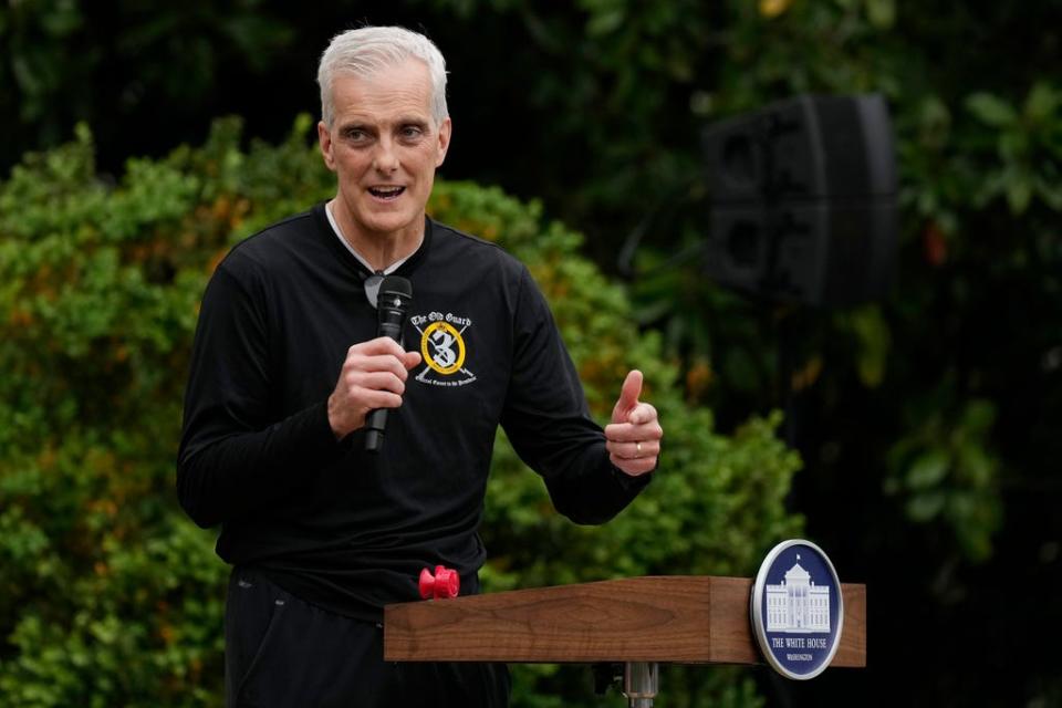 Veterans Affairs Secretary Denis McDonough speaks during the Joining Forces Military Kids Workout on the South Lawn of the White House in Washington, Saturday, April 29, 2023.