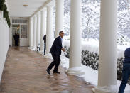 <p>"Snowball in hand, the President chases Chief of Staff Rahm Emanuel on the White House colonnade on December 19, 2009. To escape, Rahm ran through the Rose Garden, which unfortunately for him, was knee-deep in snow." (Pete Souza/The White House) </p>