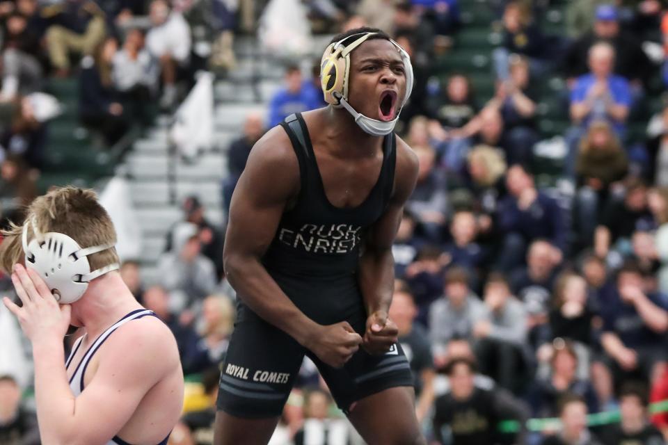 Jayden Scott of Rush-Henrietta celebrates his victory over Travis Kauffman of Attica/Batavia in the Division I 132 pound championship in the SERC center at SUNY Brockport on Feb. 15, 2020.