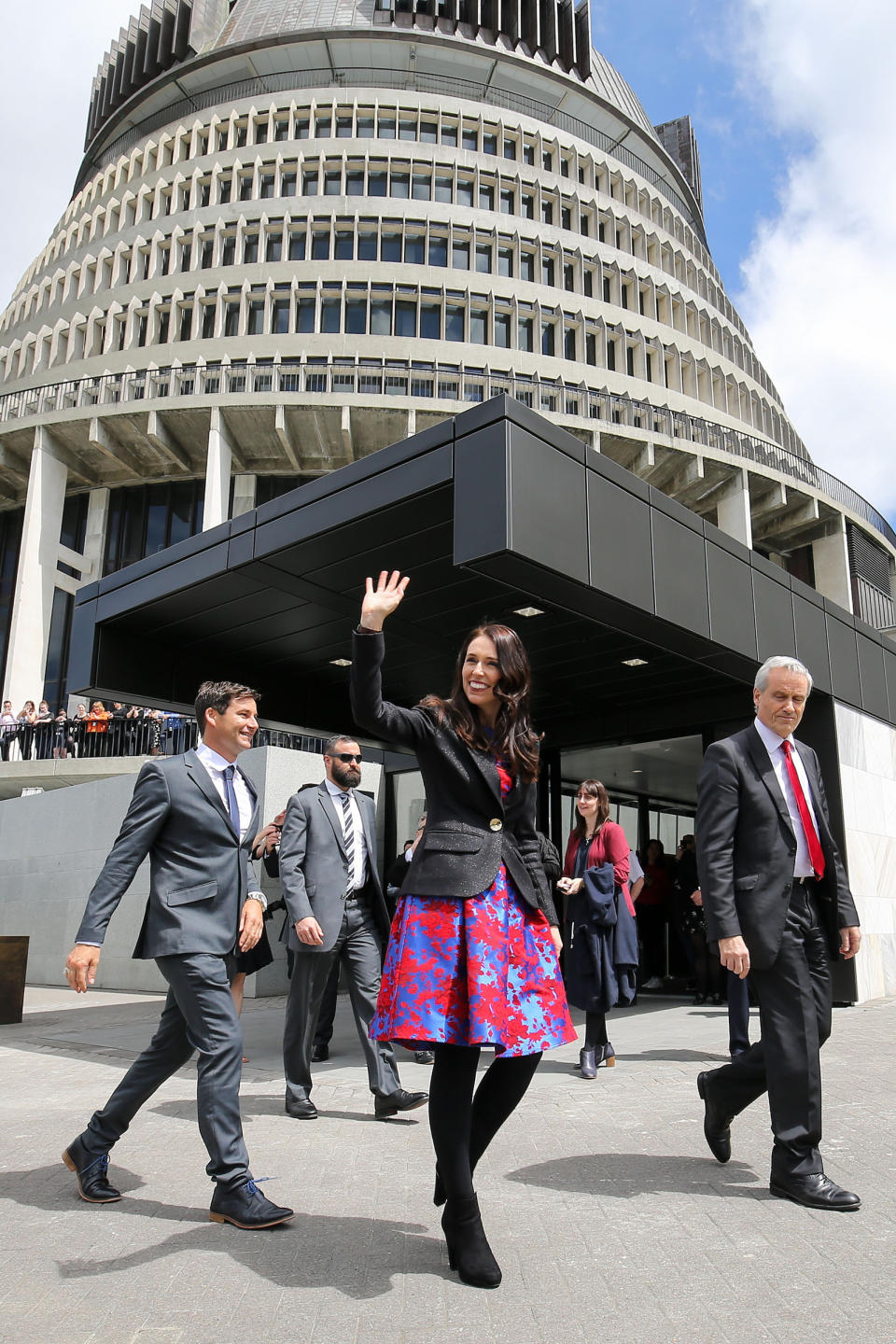 Prime Minister Jacinda Ardern and partner Clarke Gayford arrive at Parliament after a swearing-in ceremony at Government House in Wellington on Oct. 26, 2017.