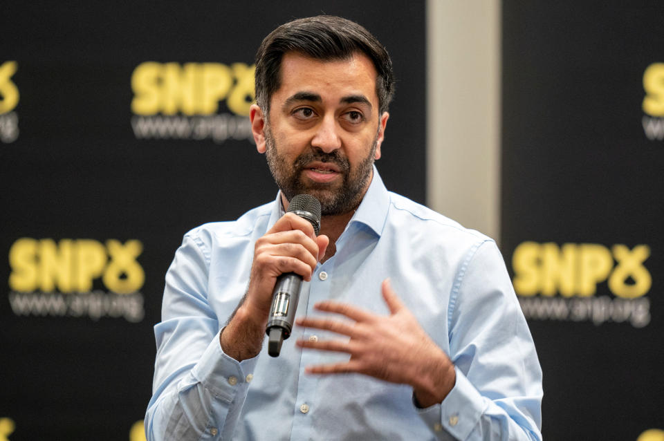 SNP leadership candidate Humza Yousaf taking part in a SNP leadership hustings, at the University of Strathclyde in Glasgow. Picture date: Saturday March 11, 2023. Jane Barlow/Pool via REUTERS