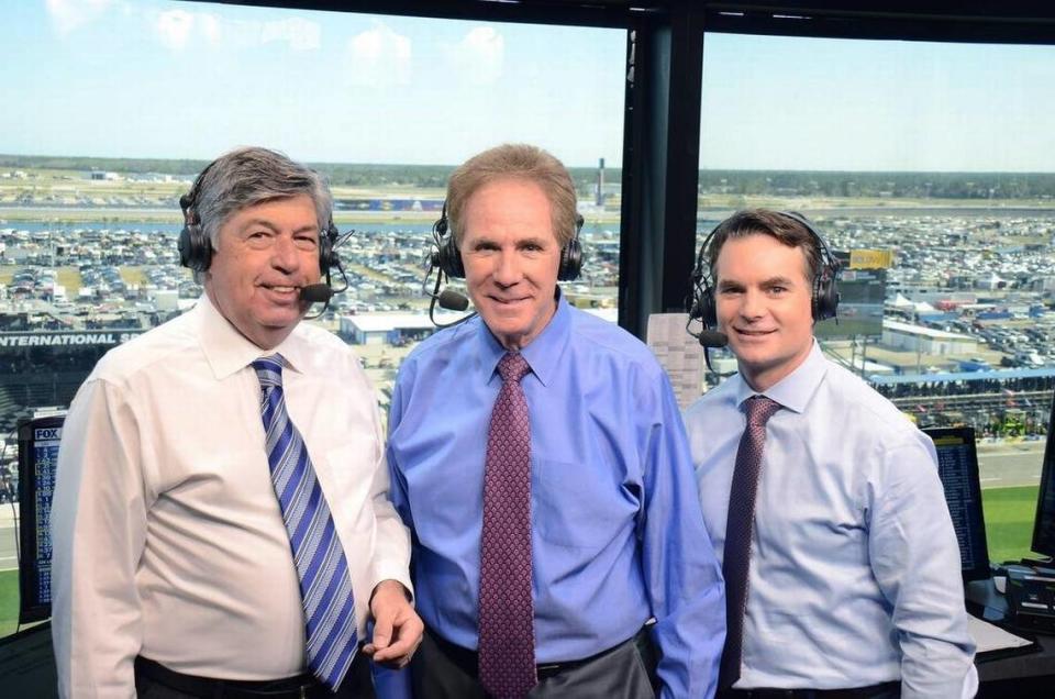 Darrell Waltrip (center) is joined by Mike Joy (left) and Jeff Gordon on Fox Sports telecasts of NASCAR races. Waltrip starts each race with his â€œBoogity, boogityâ€ catchphrase.