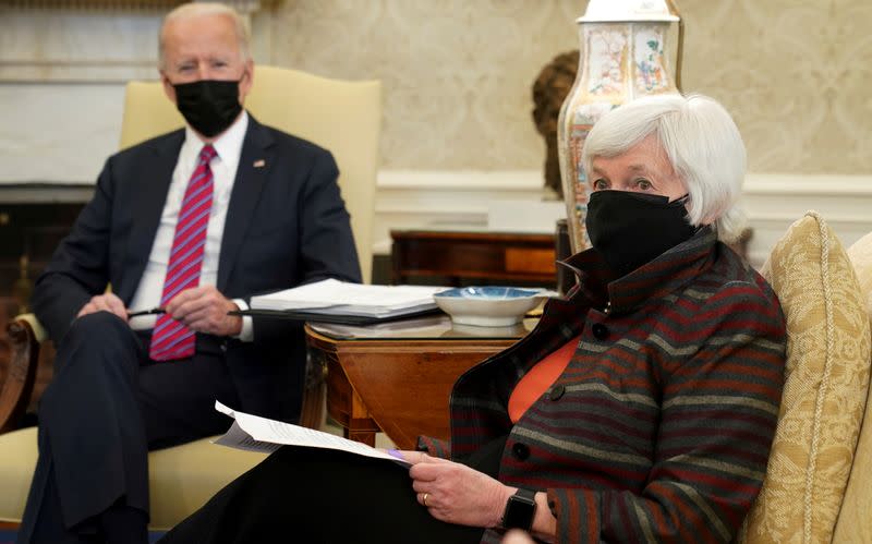 FILE PHOTO: U.S. President Joe Biden receives economic briefing with Treasury Secretary Janet Yellen at the White House in Washington