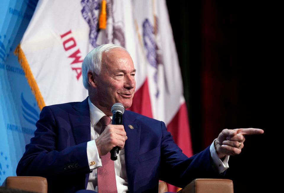 Republican presidential candidate and former Arkansas Gov. Asa Hutchinson speaks at the Iowa Faith & Freedom Coalition's fall banquet, Saturday, Sept. 16, 2023, in Des Moines, Iowa.