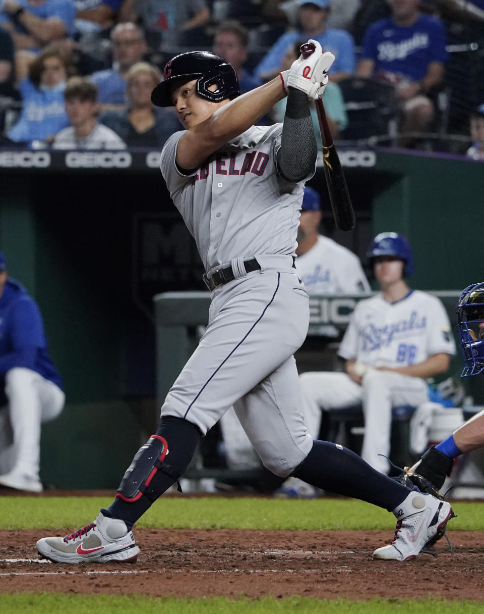 KANSAS CITY, MISSOURI - SEPTEMBER 29:  Yu Chang #2 of the Cleveland Indians hits an RBI double in the fifth inning against the Kansas City Royals at Kauffman Stadium on September 29, 2021 in Kansas City, Missouri. (Photo by Ed Zurga/Getty Images)