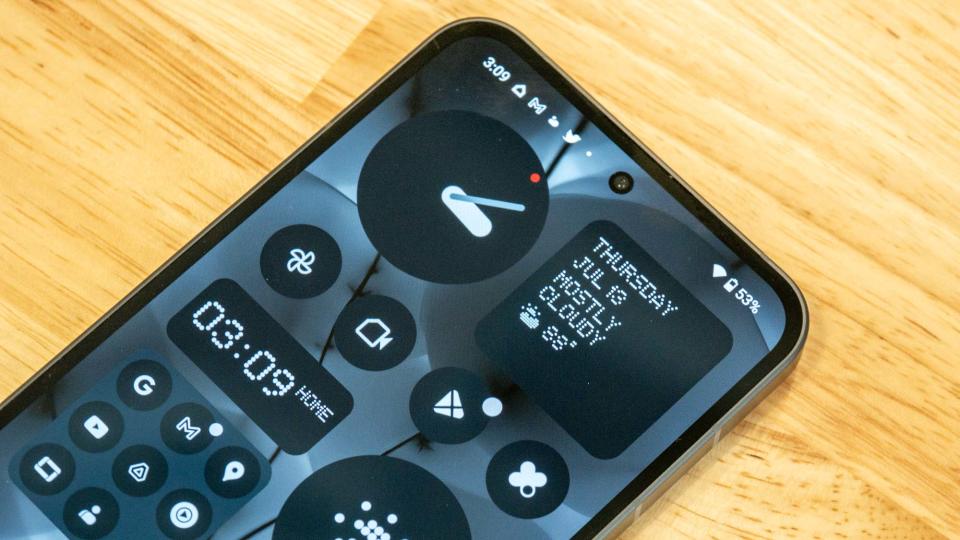 Closeup of Nothing OS 2.0 widgets on the Nothing Phone (2).
