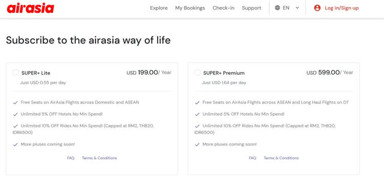 「SUPER+ Lite」售價199美元（約新台幣6074元）；「SUPER+ Premium」售價599美元（約新台幣18282元）。翻攝AirAsia官網