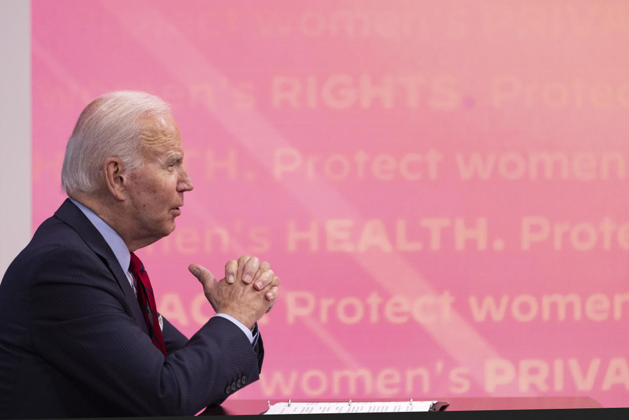 WASHINGTON, DC - JULY 01: President Joe Biden speaks with governors on protecting access to reproductive Health Care at the White House on July 01, 2022 in Washington, DC. The president is hosting governors from across the country in a virtual meeting just a week after the Supreme Court announced its decision to return the issue of abortion back to the states after nearly 50 years. (Photo by Tasos Katopodis/Getty Images)