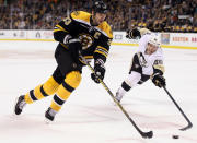 BOSTON, MA - APRIL 03: Zdeno Chara #33 of the Boston Bruins heads to the net as Joe Vitale #46 of the Pittsburgh Penguins defends on April 3, 2012 at TD Garden in Boston, Massachusetts. The Pittsburgh Penguins defeated teh Boston Bruins 5-3. (Photo by Elsa/Getty Images)