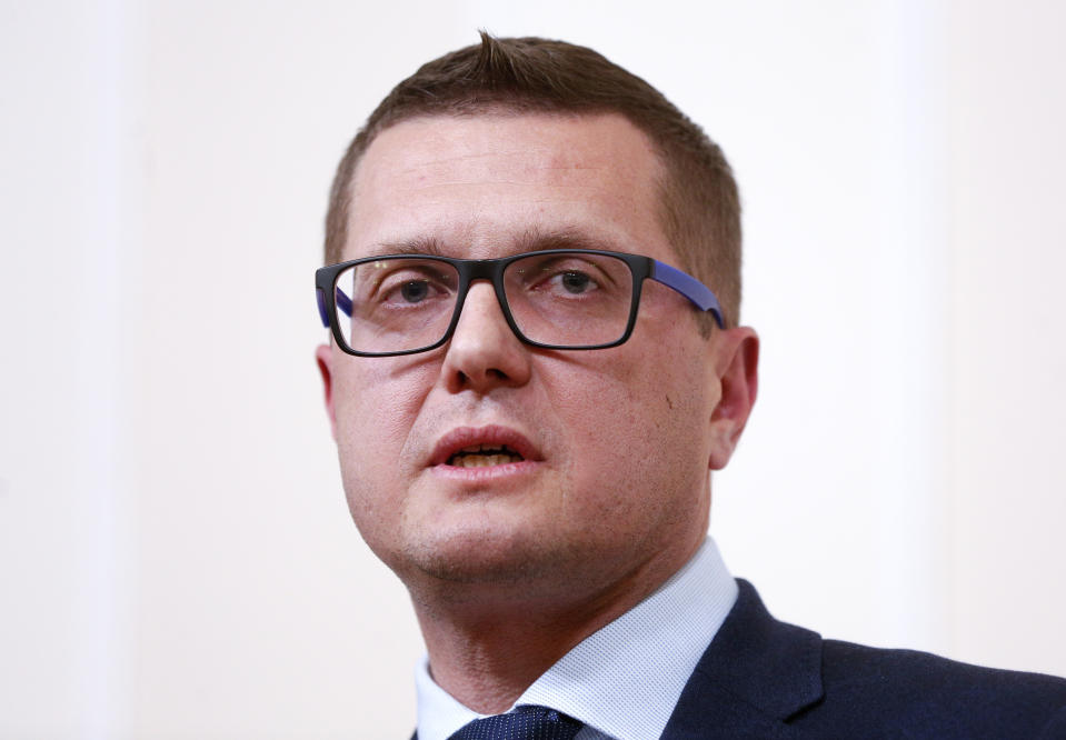 FILE - Ivan Bakanov, head of the Ukrainian Security Service, speaks to the media in Kiev, Ukraine, Tuesday, July 16, 2019. Ukrainian leaders are looking to strengthen their own ranks Monday, July 18, 2022 after President Volodymyr Zelenskyy removed from office some of his most prominent officials because of alleged “poor performance” over clearing their agencies of “collaborators and traitors.” Officials said Ukraine’s Security Service head Ivan Bakanov and Prosecutor General Iryna Venediktova face investigations into their conduct. (AP Photo/Efrem Lukatsky, File)