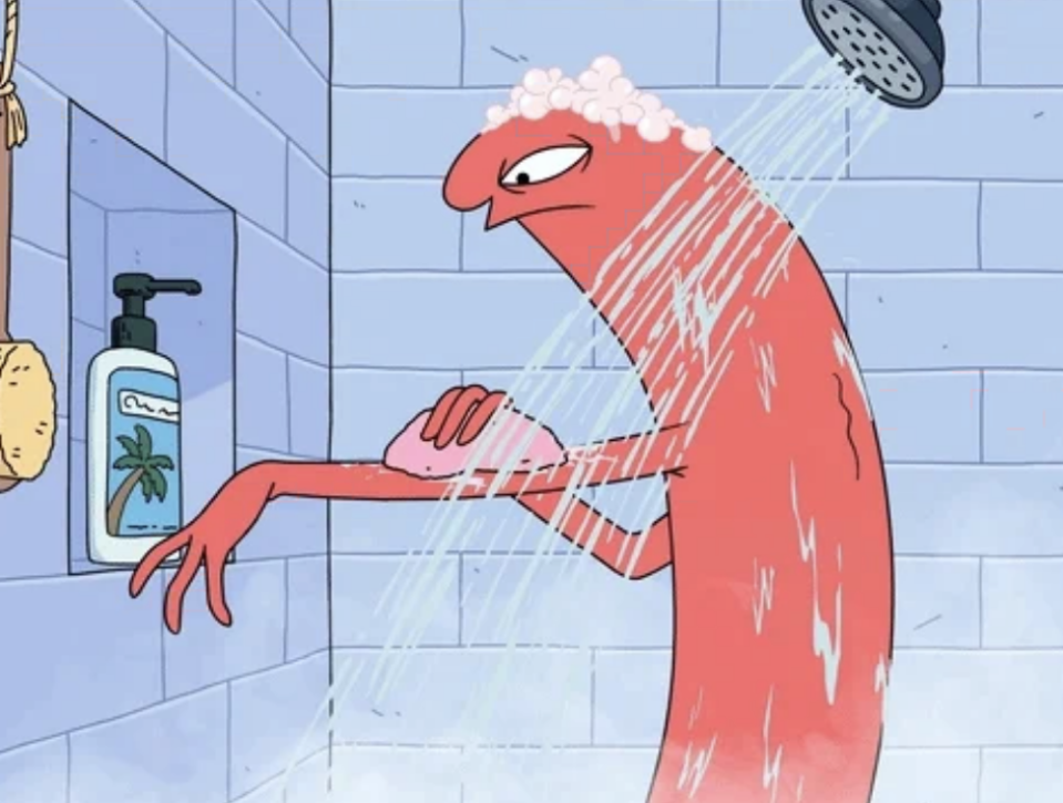 Cartoon character Red Guy from the show "Cow and Chicken" taking a shower while using a pink sponge and body wash