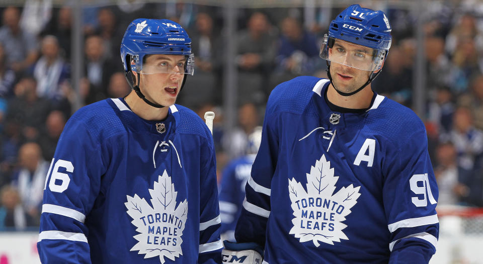 The fact that restricted free agent Mitch Marner remains unsigned is of no concern to John Tavares right now. (Photo by Claus Andersen/Getty Images)