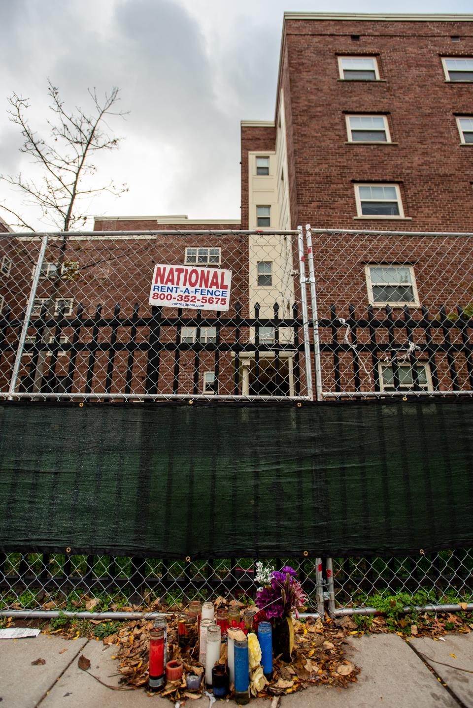 A memorial in front of the Oakwood Plaza Apartments in Elizabeth shown on on Wednesday October 27, 2021. The complex flooded during Hurricane Ida killing four residents and displacing about 600 people. The displaced residents formed the Oakwood Tenants Rights Organization to demand vouchers in order to find safe housing and not have to move back into Oakwood Plaza.