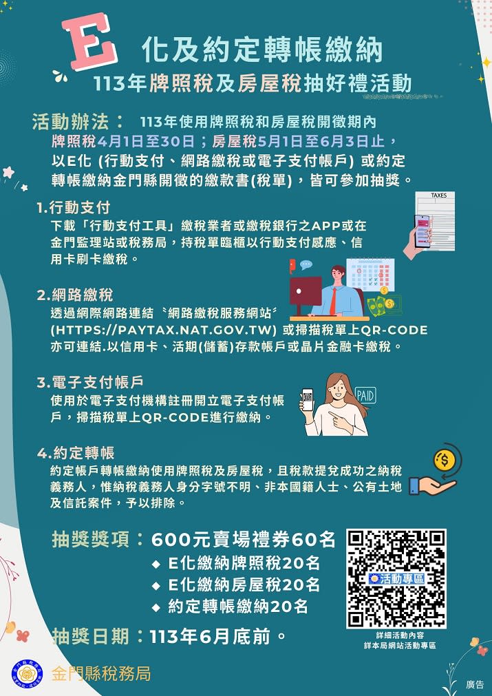 ▲e化及約定轉帳繳納113年牌照稅、房屋稅抽好禮活動懶人包。