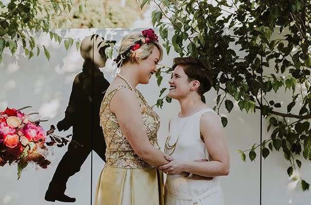 Melbourne brides Anna Scovelle, 28 and Bec O’Connor, 28, married locally with a special celebration on December 10 last year. Source: Elsa Campbell