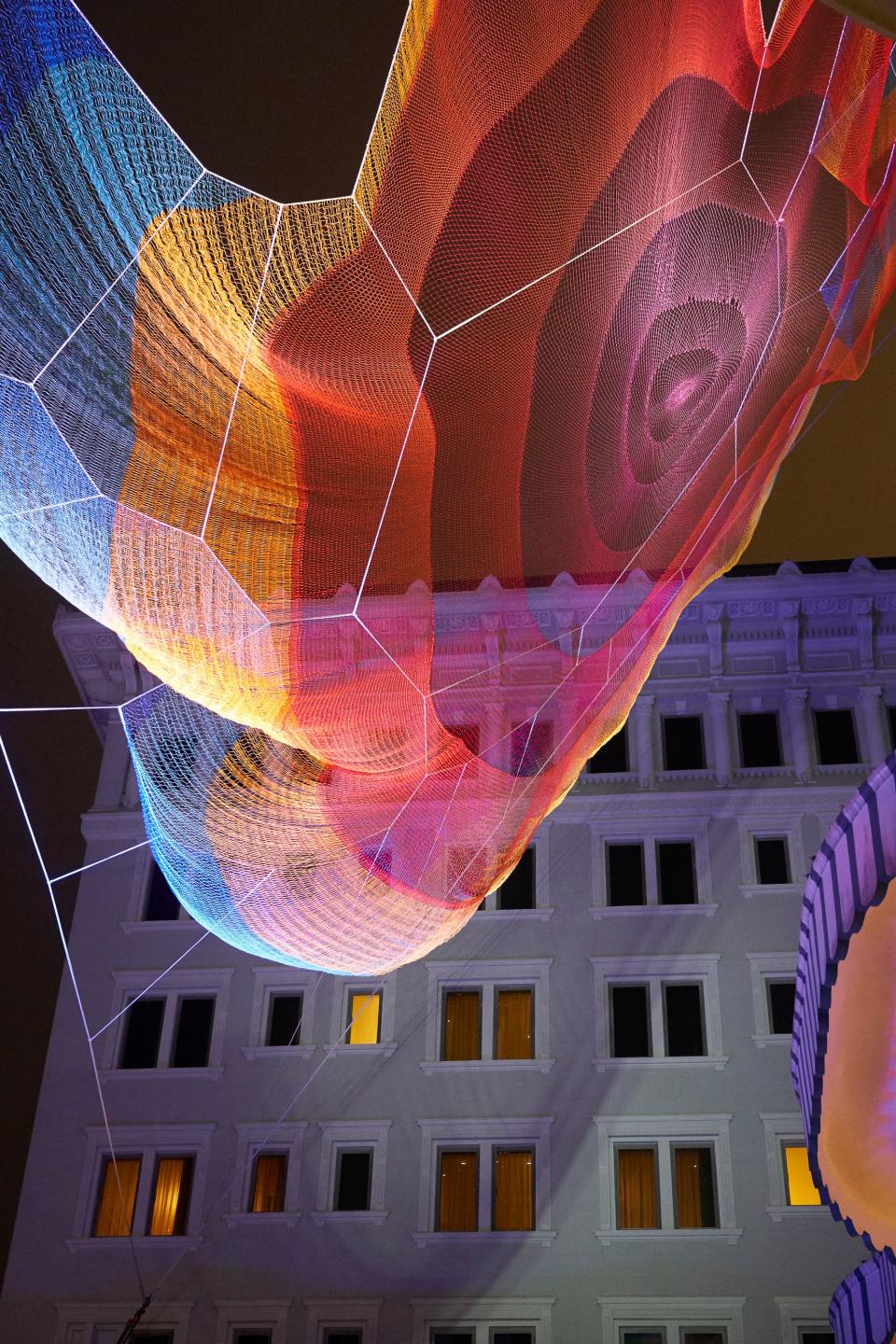 Close-up of Janet Echelman’s Earthtime 1.26 at the Peninsula Hong Kong, part of the brand’s “Art in Resonance” program.