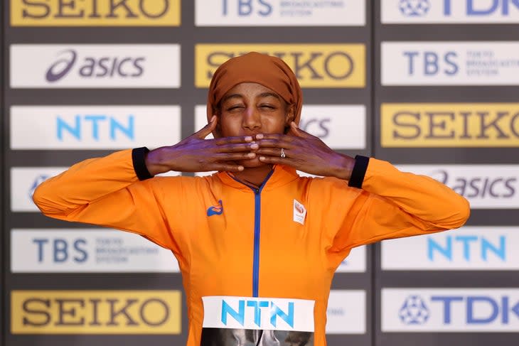<span class="article__caption">BUDAPEST, HUNGARY – AUGUST 27: Silver medalist Sifan Hassan of Team Netherlands poses for a photo during the medal ceremony for the Women’s 5,000m Final during day nine of the World Athletics Championships Budapest 2023 at National Athletics Centre on August 27, 2023 in Budapest, Hungary. (Photo by Christian Petersen/Getty Images for World Athletics)</span>