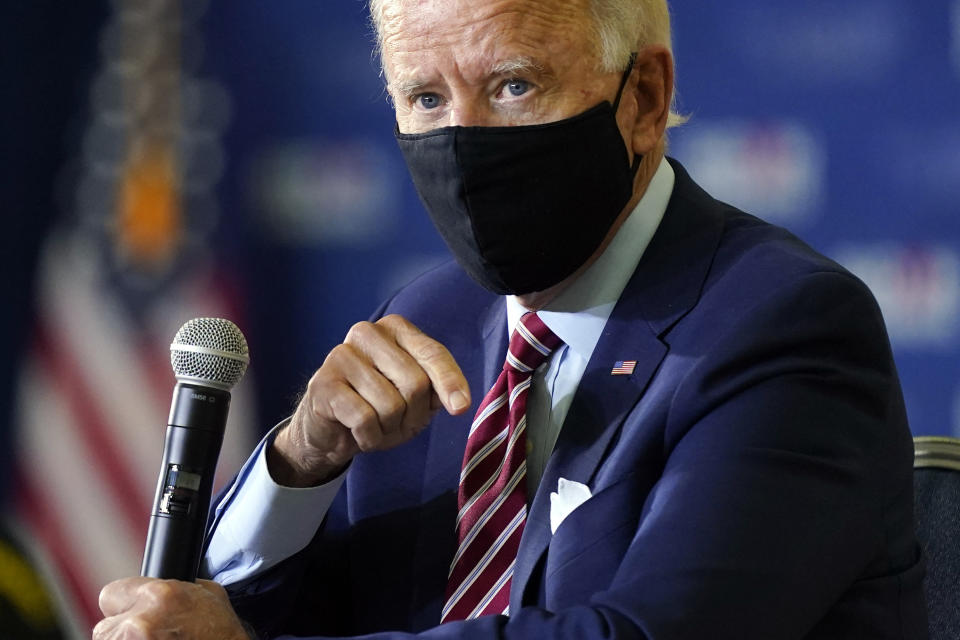 Democratic presidential candidate former Vice President Joe Biden speaks during a roundtable discussion with veterans, Tuesday, Sept. 15, 2020, at Hillsborough Community College in Tampa, Fla. (AP Photo/Patrick Semansky)