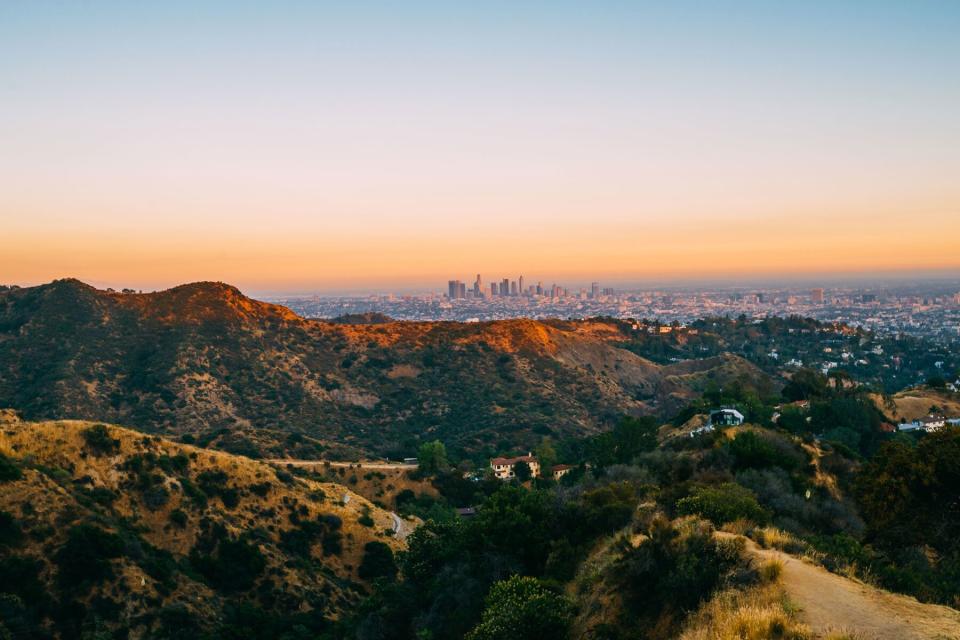 Sunset view from the mountains looking at downtown Los Angeles