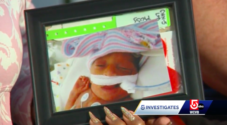 Everleigh, the 2lb 5oz baby of the Sharon couple, died from complications just 12 days after her mother delivered her at Brigham and Women’s Hospital in July 2020 (WCVB News/video screengrab)