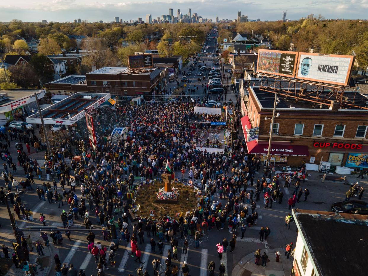 A crowd gathers at George Floyd Square after a guilty verdict was announced at the trial of former Minneapolis police Officer Derek Chauvin for the 2020 death of Floyd, Tuesday, April 20, 2021, in Minneapolis. Former Minneapolis police Officer Derek Chauvin has been convicted of murder and manslaughter in the death of Floyd.