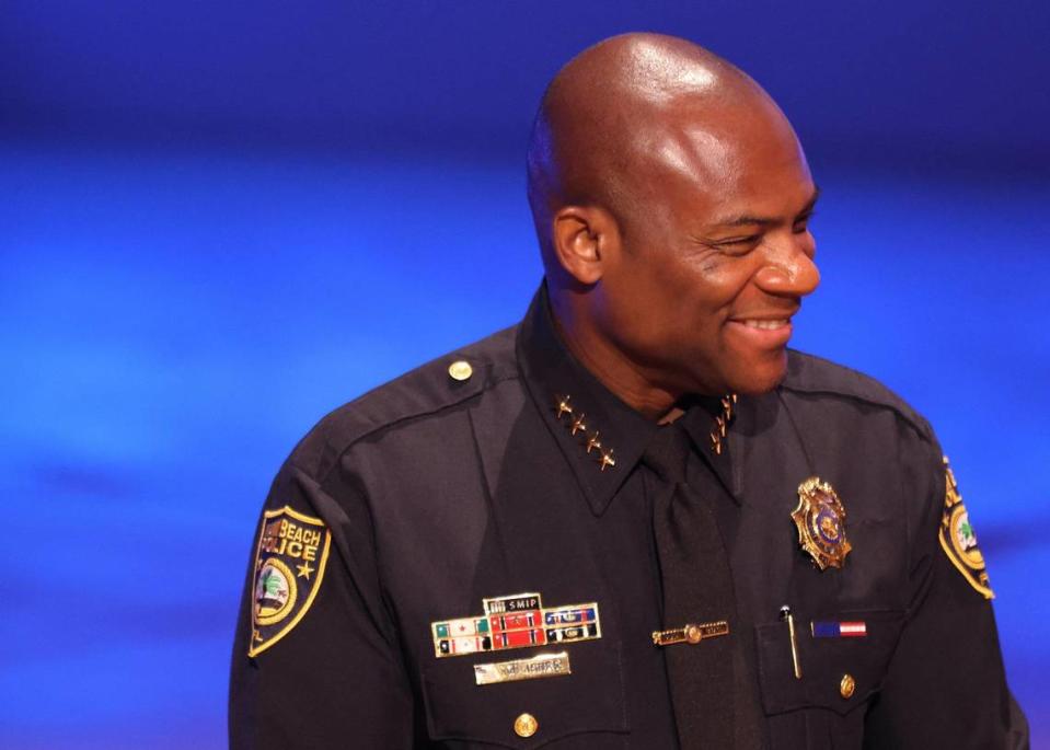 Wayne Jones smiles after being sworn in as the Miami Beach police chief at the New World Center in Miami Beach, Florida, on Thursday, August 31, 2023.
