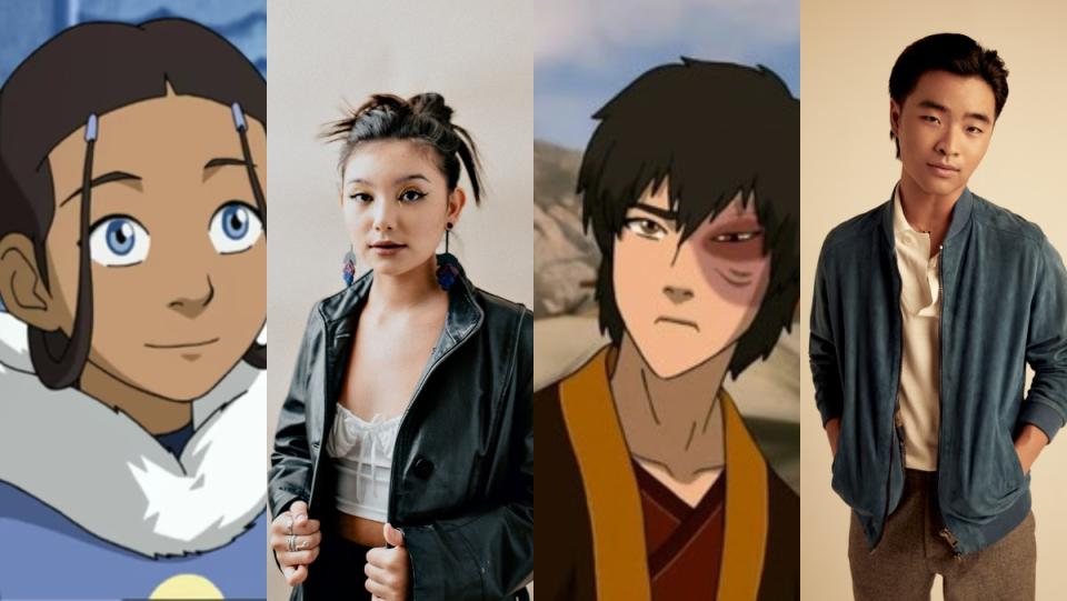 Alternating images of Katara and Zuko from animated show and live-action casting annoucement