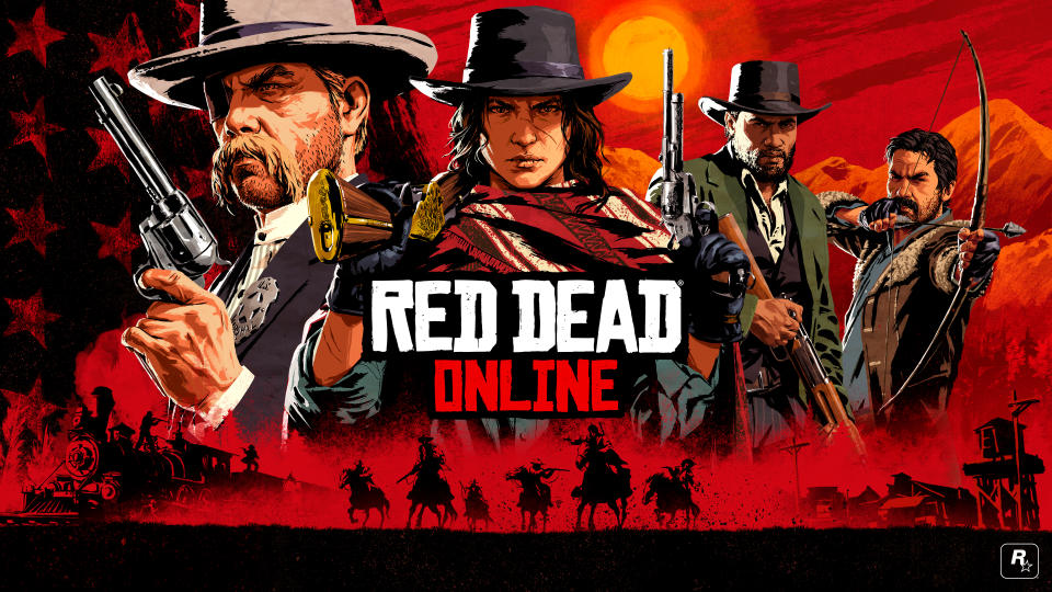 A drawing of four characters from the Red Dead Redemption game with the title Red Dead Online in the center.