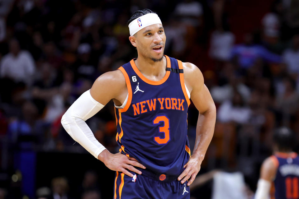 MIAMI, FLORIDA - MARCH 22: Josh Hart #3 of the New York Knicks looks on against the Miami Heat during the third quarter at Miami-Dade Arena on March 22, 2023 in Miami, Florida. NOTE TO USER: User expressly acknowledges and agrees that, by downloading and or using this photograph, User is consenting to the terms and conditions of the Getty Images License Agreement. (Photo by Megan Briggs/Getty Images)