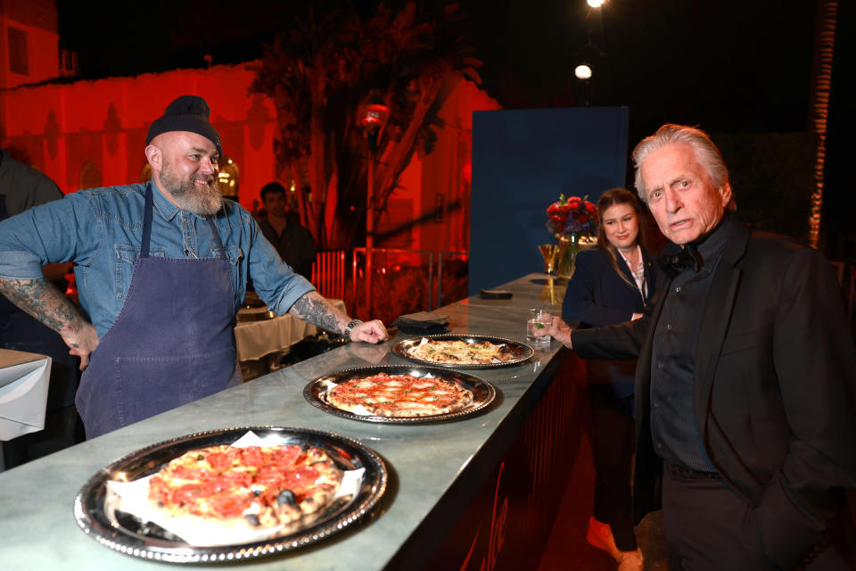 BEVERLY HILLS, CALIFORNIA - MARCH 10: EXCLUSIVE ACCESS, SPECIAL RATES APPLY. (L-R) Evan Funke and Michael Douglas attend the 2024 Vanity Fair Oscar Party Hosted By Radhika Jones at Wallis Annenberg Center for the Performing Arts on March 10, 2024 in Beverly Hills, California. (Photo by Matt Winkelmeyer/VF24/WireImage for Vanity Fair)