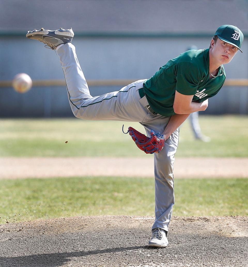 Duxbury starting pitcher Jack Gallagher on the mound.Duxbury hosted Silver Lake High in baseball  on Friday April 14, 2023 