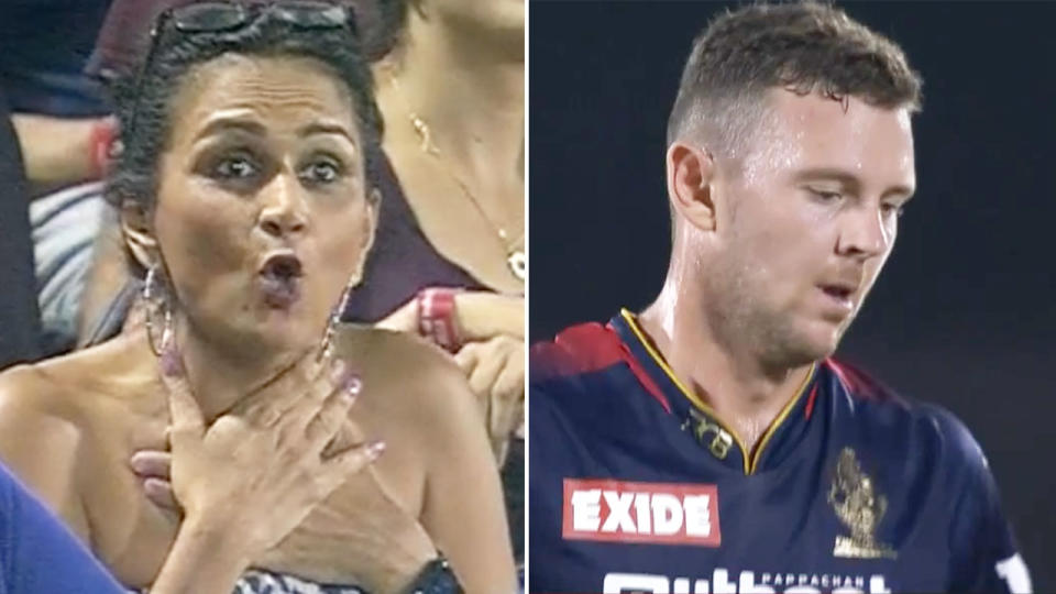 Pictured left, a fan reacts to Aussie fast bowler Josh Hazlewood's horror over in the IPL.