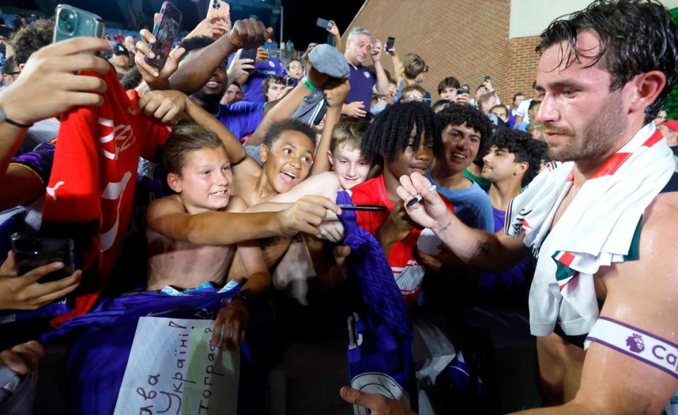 Fans try to get the autograph of Chelsea’s Ben Chilwell after Chelsea Football Club’s 5-0 victory over Wrexham AFC in a friendly match at Kenan Stadium in Chapel Hill, N.C., Wednesday, July 19, 2023.