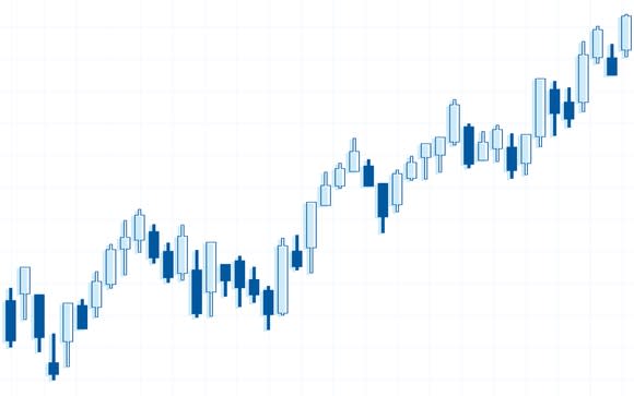 Upward bar chart in two shades of blue