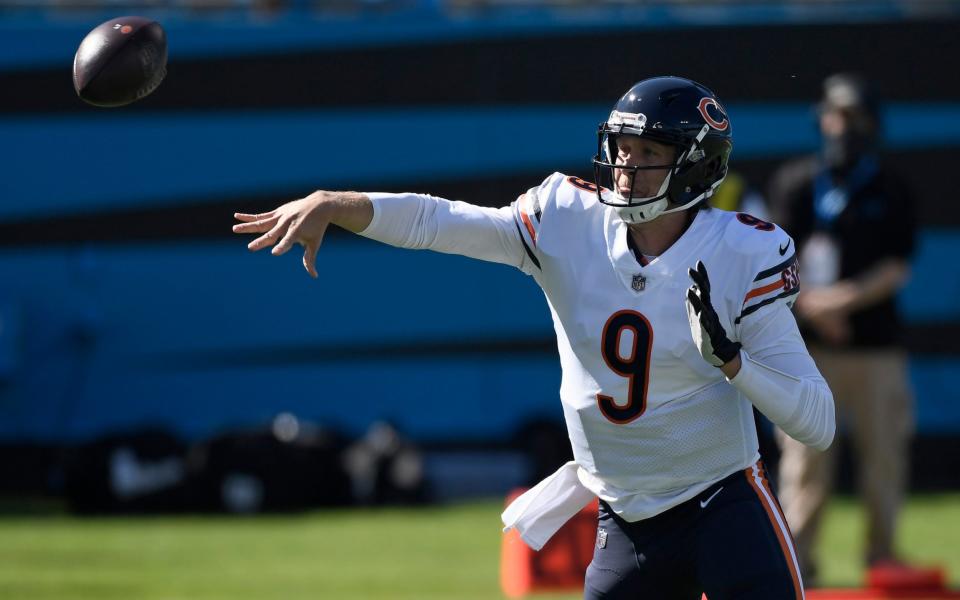 Chicago Bears quarterback Nick Foles (9) passes against the Carolina Panthers during the first half of an NFL football game in Charlotte, N.C., Sunday, Oct. 18, 2020. - AP