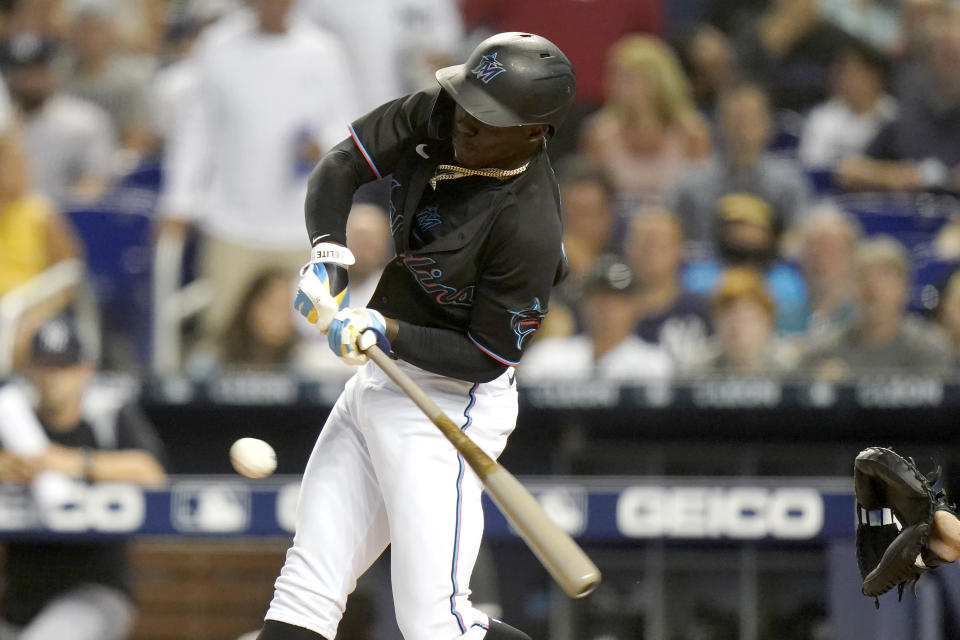 Miami Marlins' Jazz Chisholm hits a single during the first inning of the team's baseball game against the New York Yankees, Friday, July 30, 2021, in Miami. (AP Photo/Lynne Sladky)