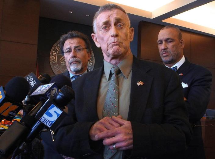 Michael Peterson (center) is flanked by his attorneys David Rudolf (left) and James D. â€œButchâ€  Williams (right) at the Durham County Courthouse in Durham, North Carolina on Friday, Feb. 24, 2017. He was speaking to the media after pleading Alford to manslaughter in the Dec. 9 death of his wife Kathleen Peterson 2001. Peterson maintains his innocence even though he pleaded guilty, which is allowed in an Alford plea.