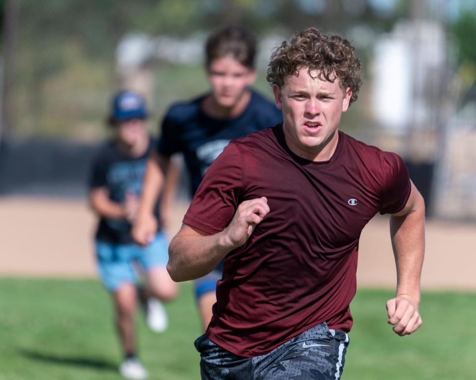 Hesperia Christian players workout during a recent summer football practice at the school. Hesperia Christian begins the season on the road at Mammoth on Aug. 25.